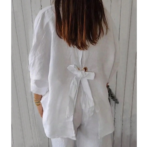 Solid White 3/4 sleeve button down Loose Fit Shirt - Picture 2 of 2